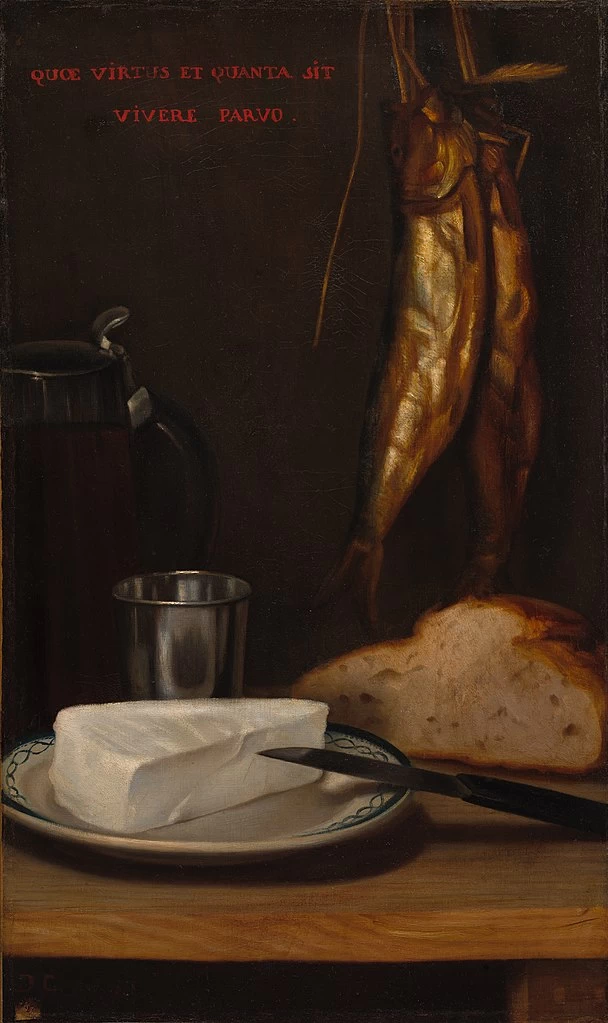 Alexandre - Gabriel Decamps, Natura morta con aringa, pane e formaggio 1858